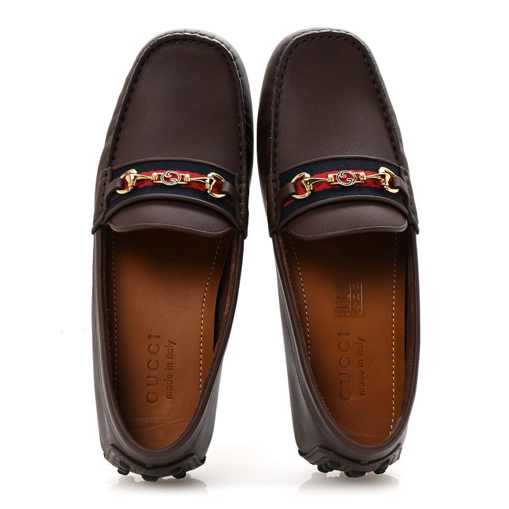 Gucci Soft Clove Calfskin Web Mens Horsebit Driver Loafers 7.5 Cocoa