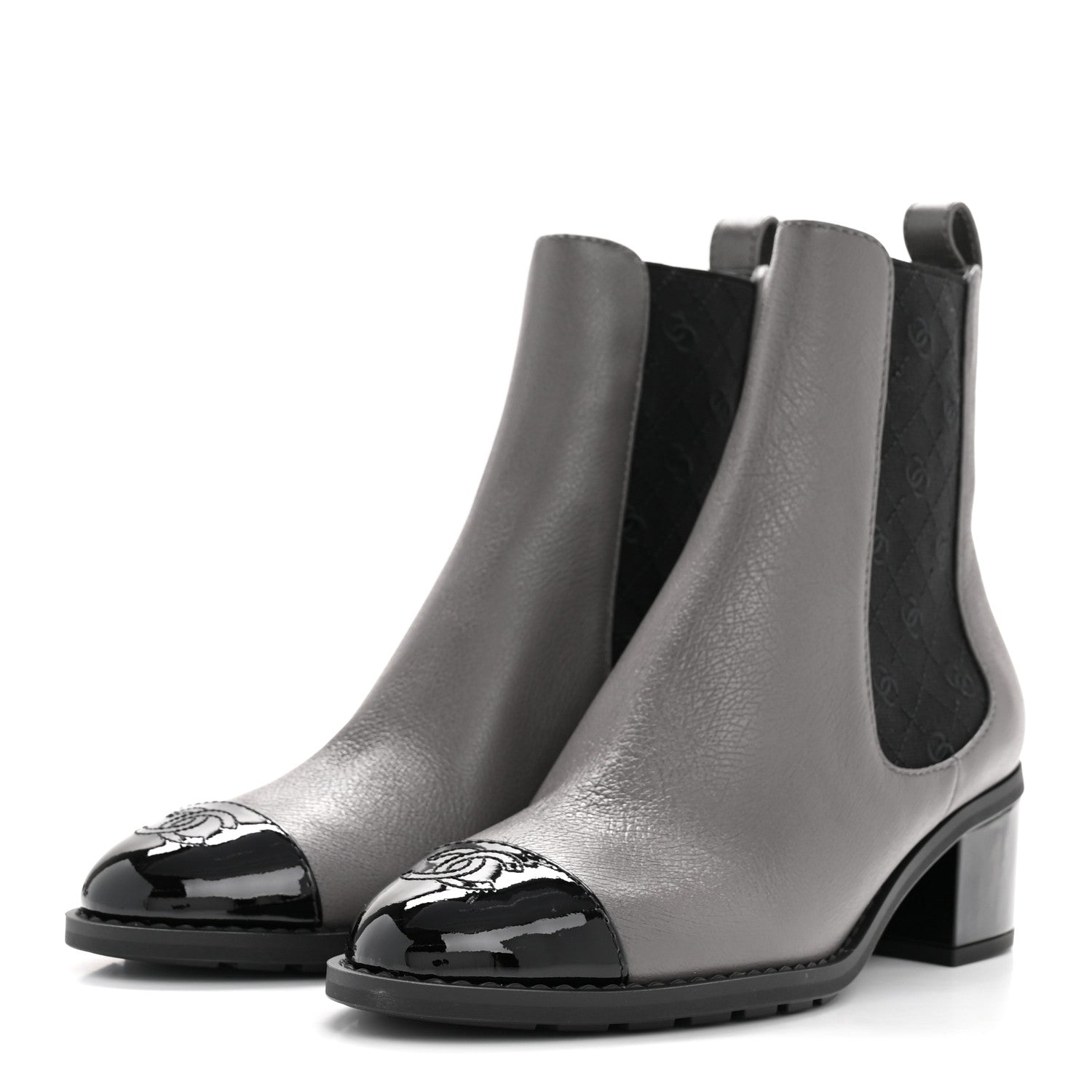 Chanel Calfskin Patent Cap Toe CC Short Boots 39 Grey Black