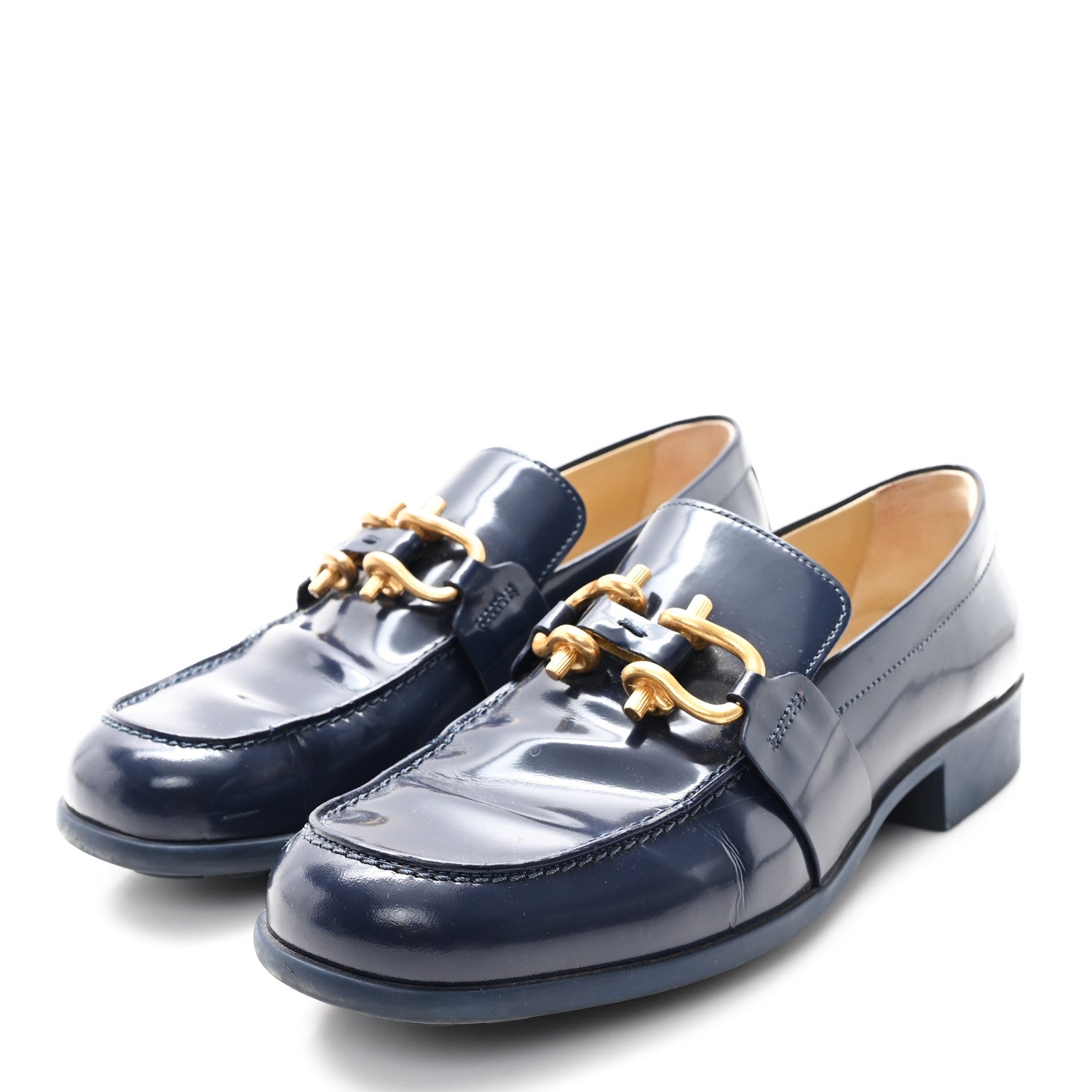 Bottega Veneta Glossy Calfskin Monsieur Loafers 40.5 Navy Blue