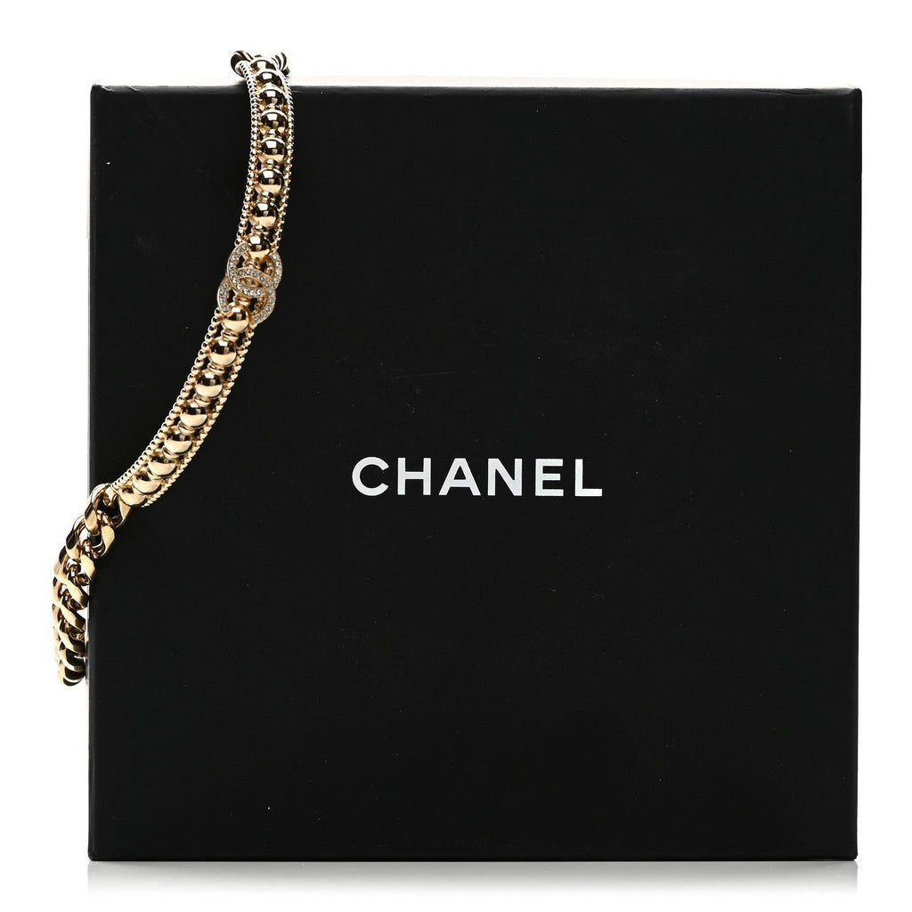 Chanel Metal Crystal Bead Chain Link CC Choker Necklace Gold