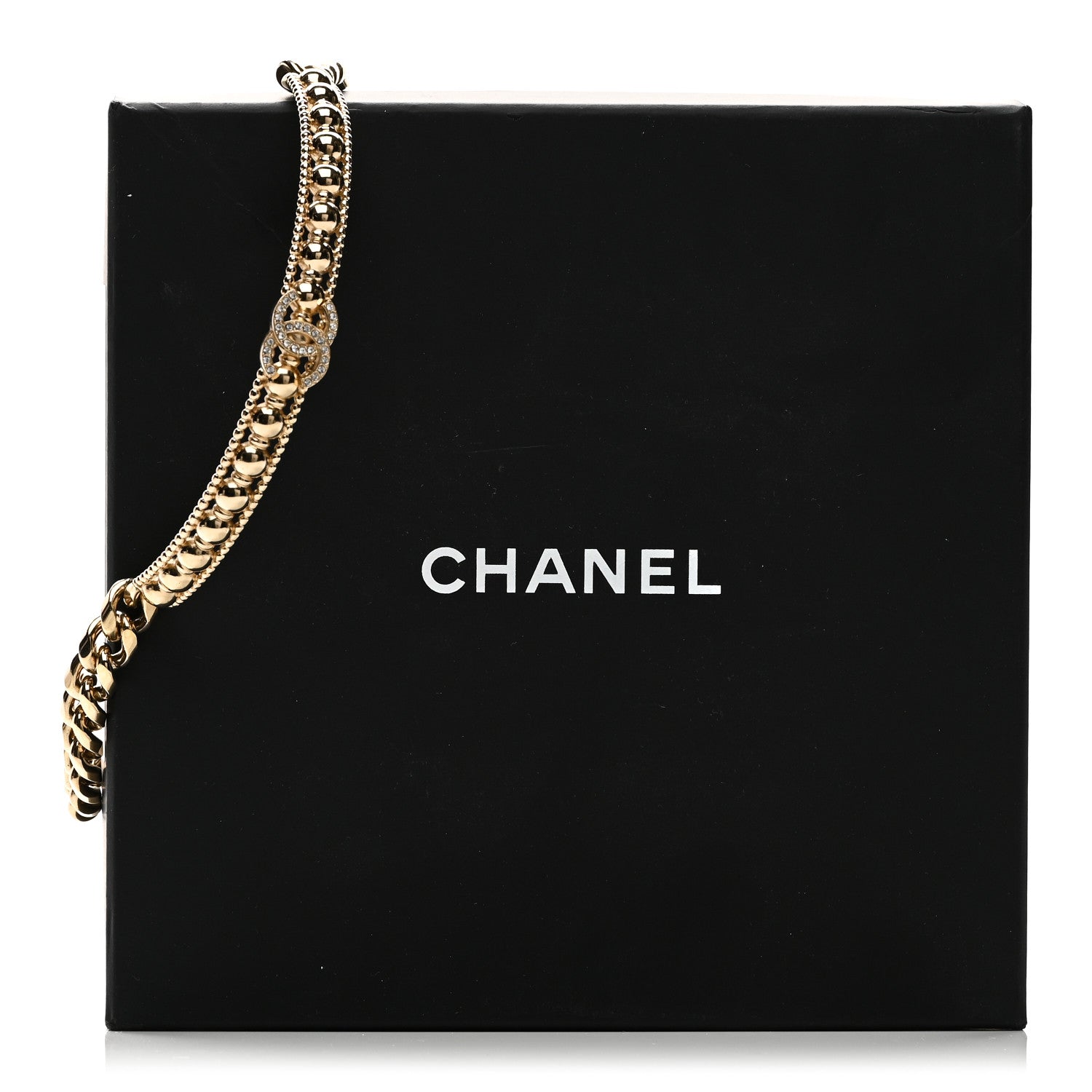 Chanel Metal Crystal Bead Chain Link CC Choker Necklace Gold