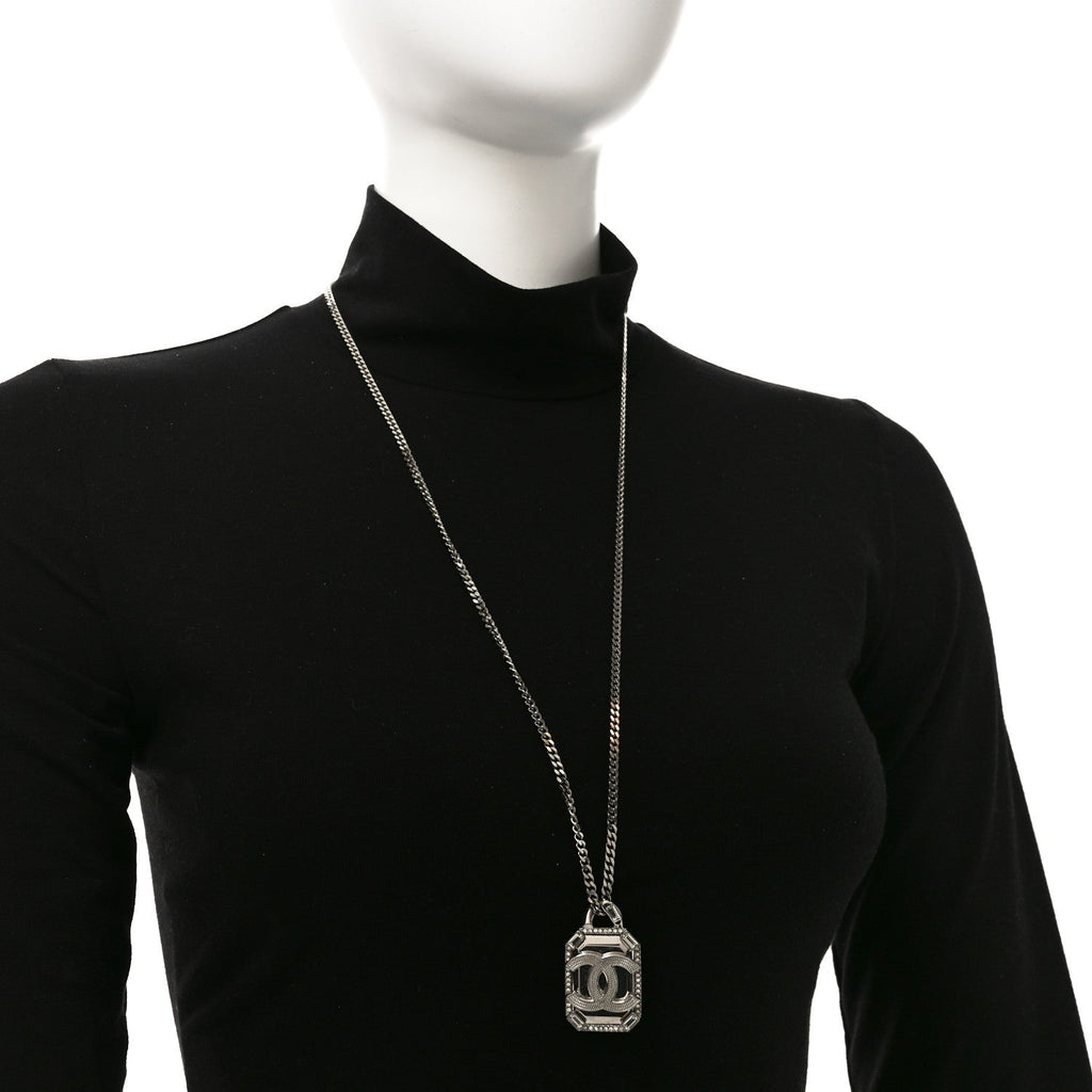 Chanel Crystal Baguette CC Mirror Pendant Necklace Silver
