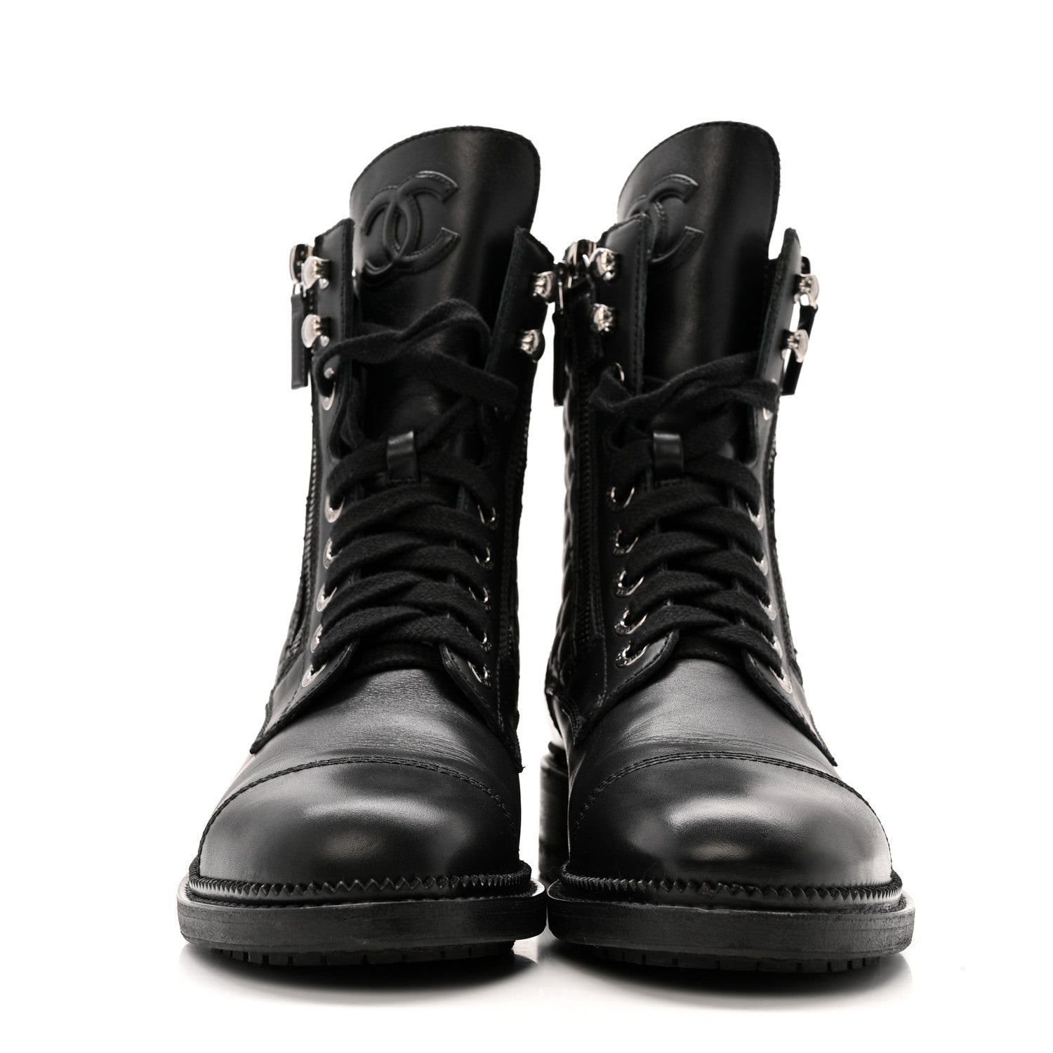 Chanel Calfskin Quilted Lace Up Combat Boots 36.5 Black