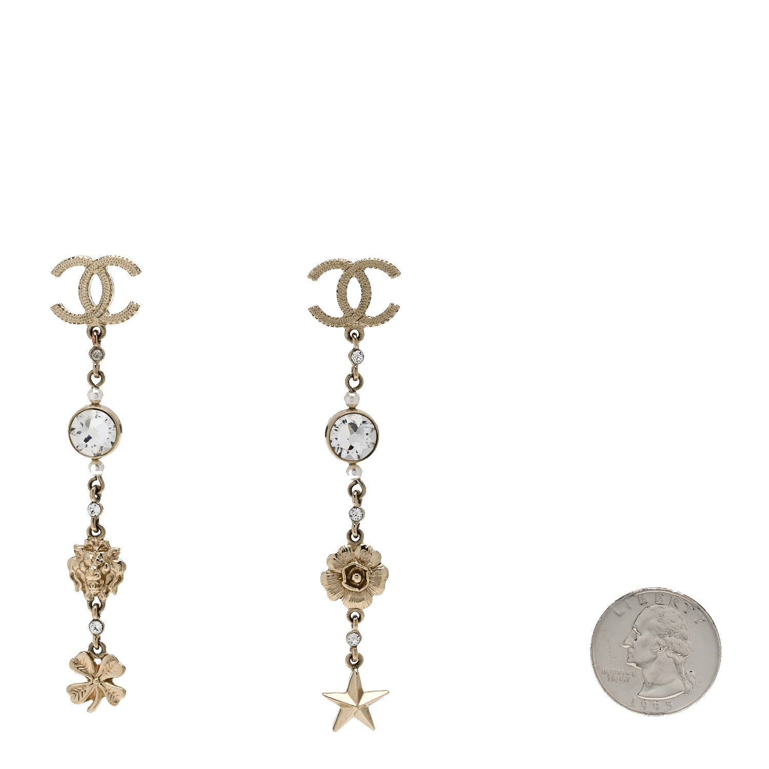 Chanel Crystal Pearl CC Charms Drop Earrings Gold
