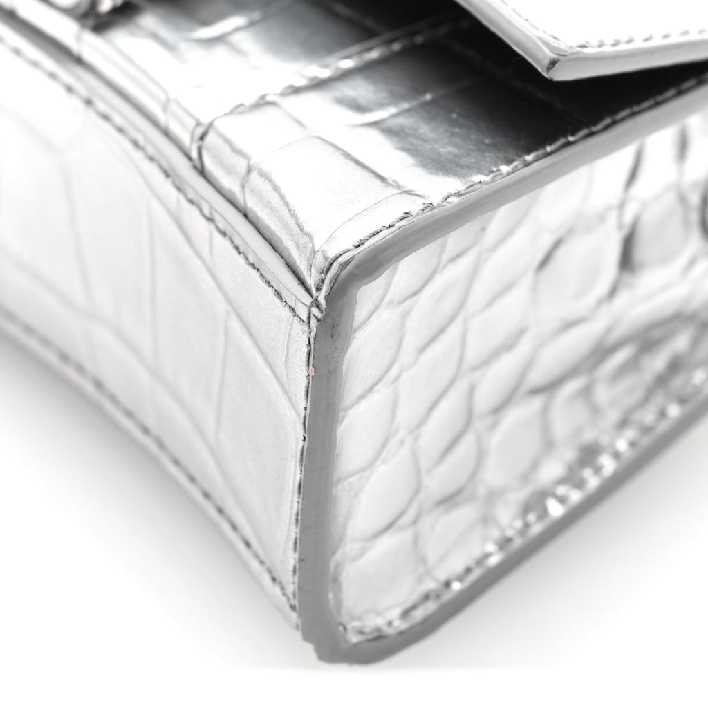 Balenciaga Metallic Calfskin Crocodile Embossed Hourglass Top Handle Bag Mini Silver