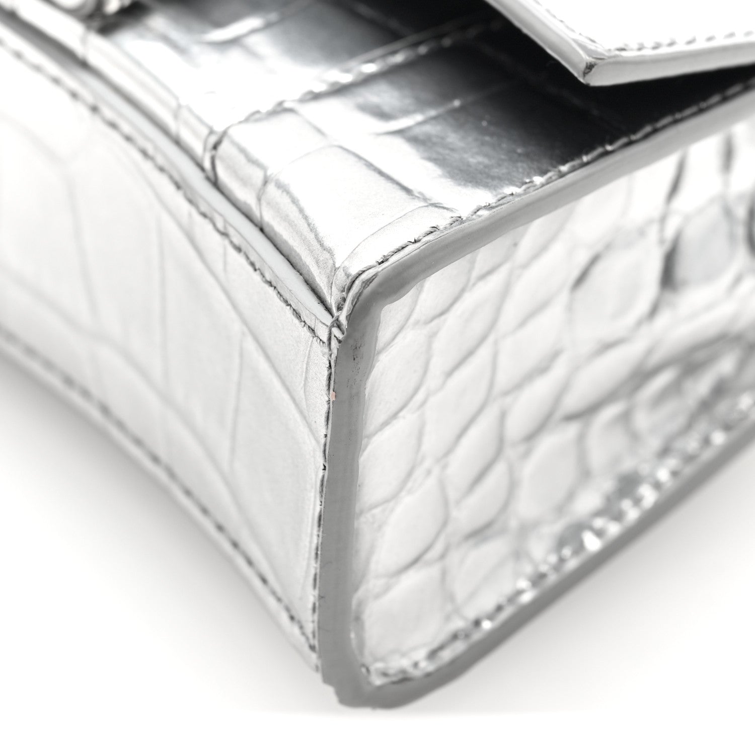 Balenciaga Metallic Calfskin Crocodile Embossed Hourglass Top Handle Bag Mini Silver