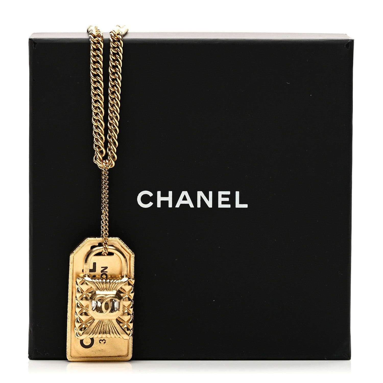 Chanel CC Padlock ID Dog Tag Charm Necklace Gold