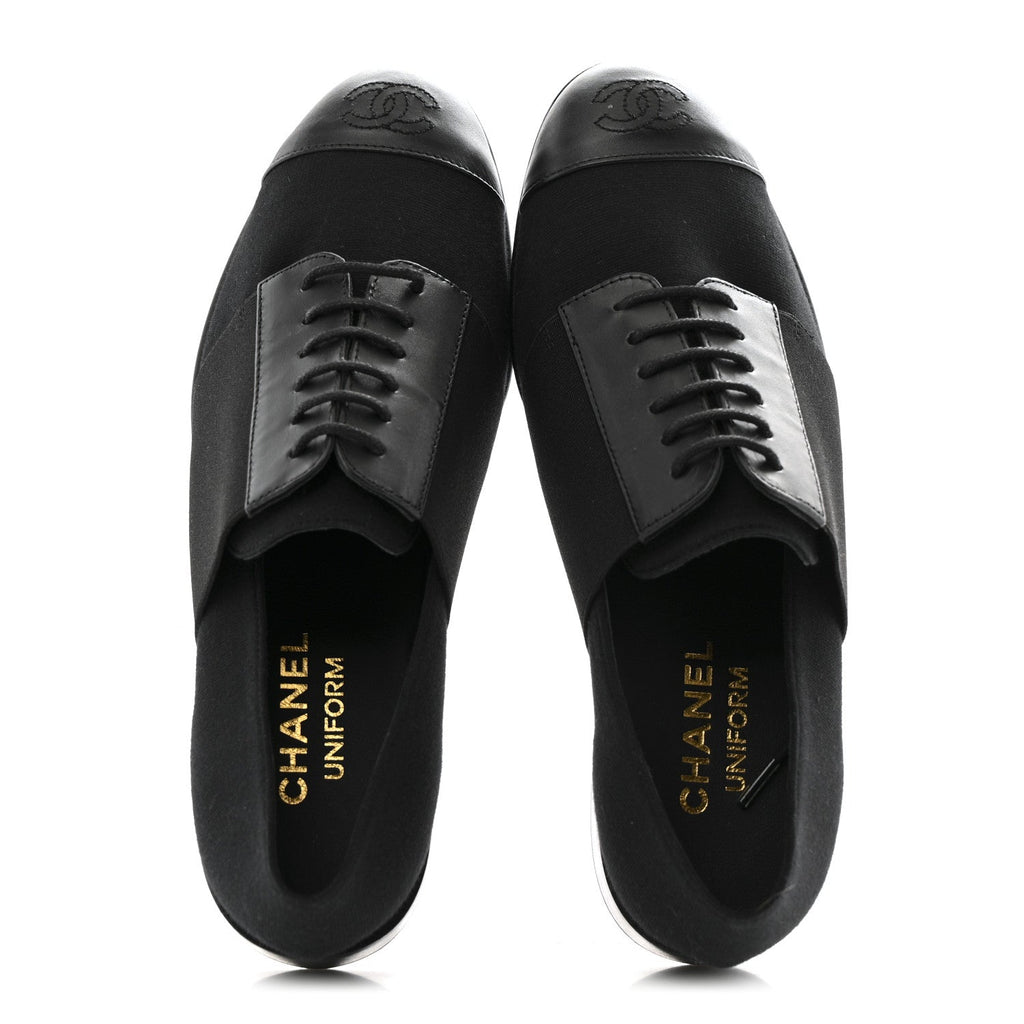 Chanel Calfskin Elastic Lace Up Cap Toe CC Loafers 37 Black