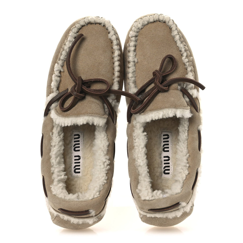 Miu Miu Shearling Moccasin Loafers 35 Beige