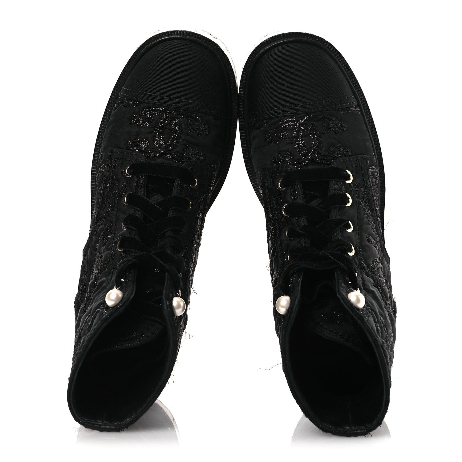 Chanel Grosgrain Tweed Pearl CC Combat Short Boots 39 Black