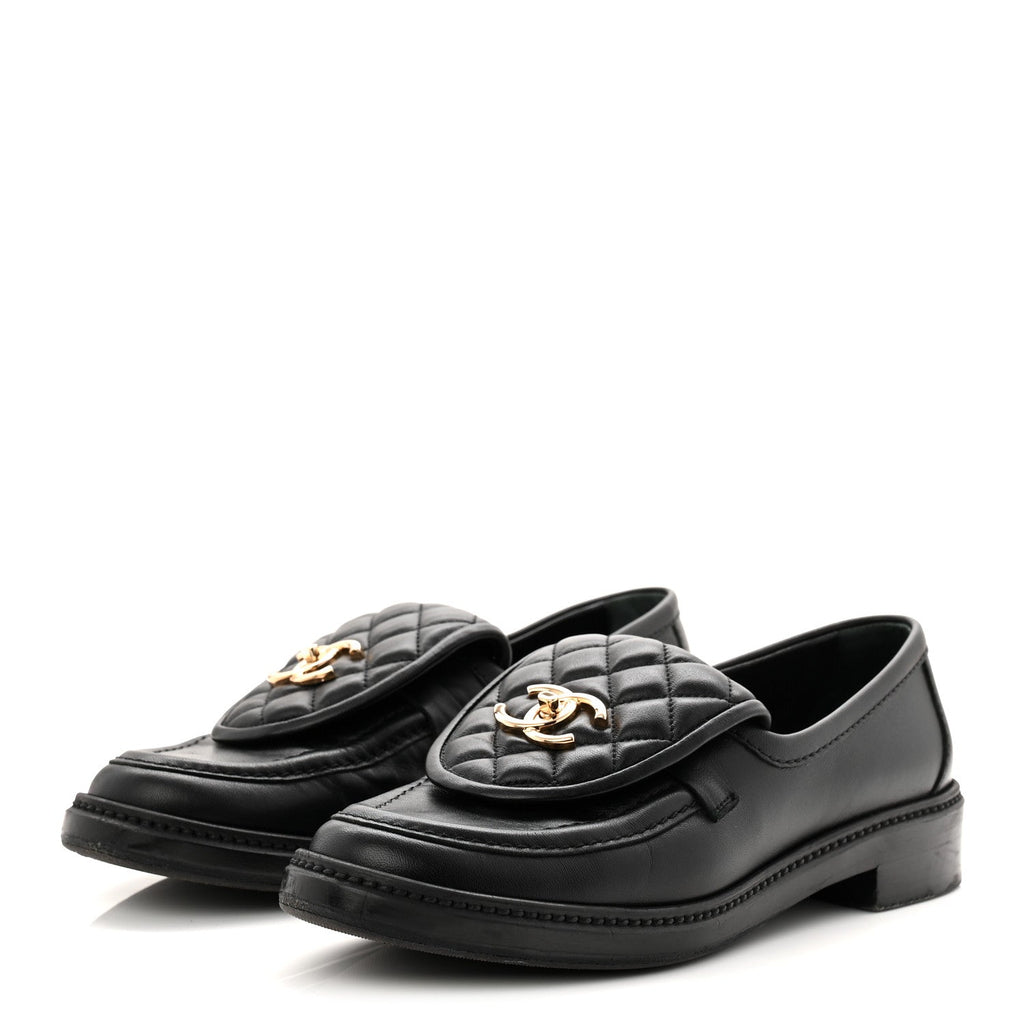 Chanel Lambskin Quilted CC Turnlock Loafers 39 Black