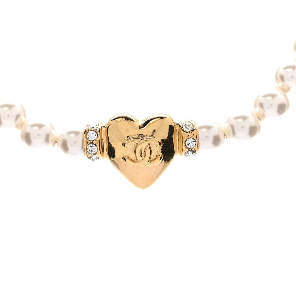Chanel Crystal Pearl CC Heart Choker Necklace Gold