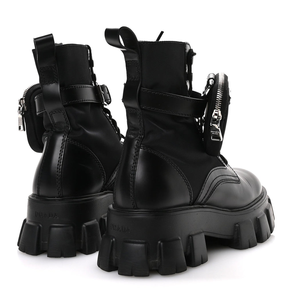 Prada Spazzolato Rois Nylon Metal Triangle Logo Monolith Pouch Pocket 55mm Boots 40 Black