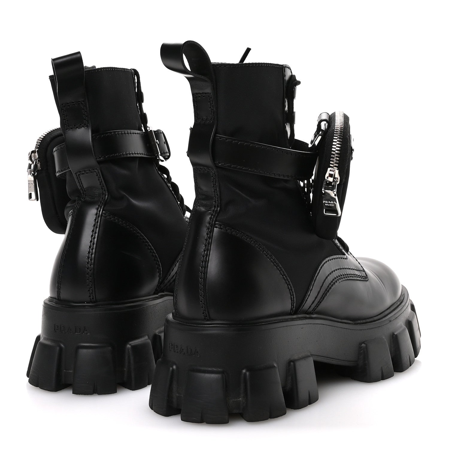 Prada Spazzolato Rois Nylon Metal Triangle Logo Monolith Pouch Pocket 55mm Boots 40 Black