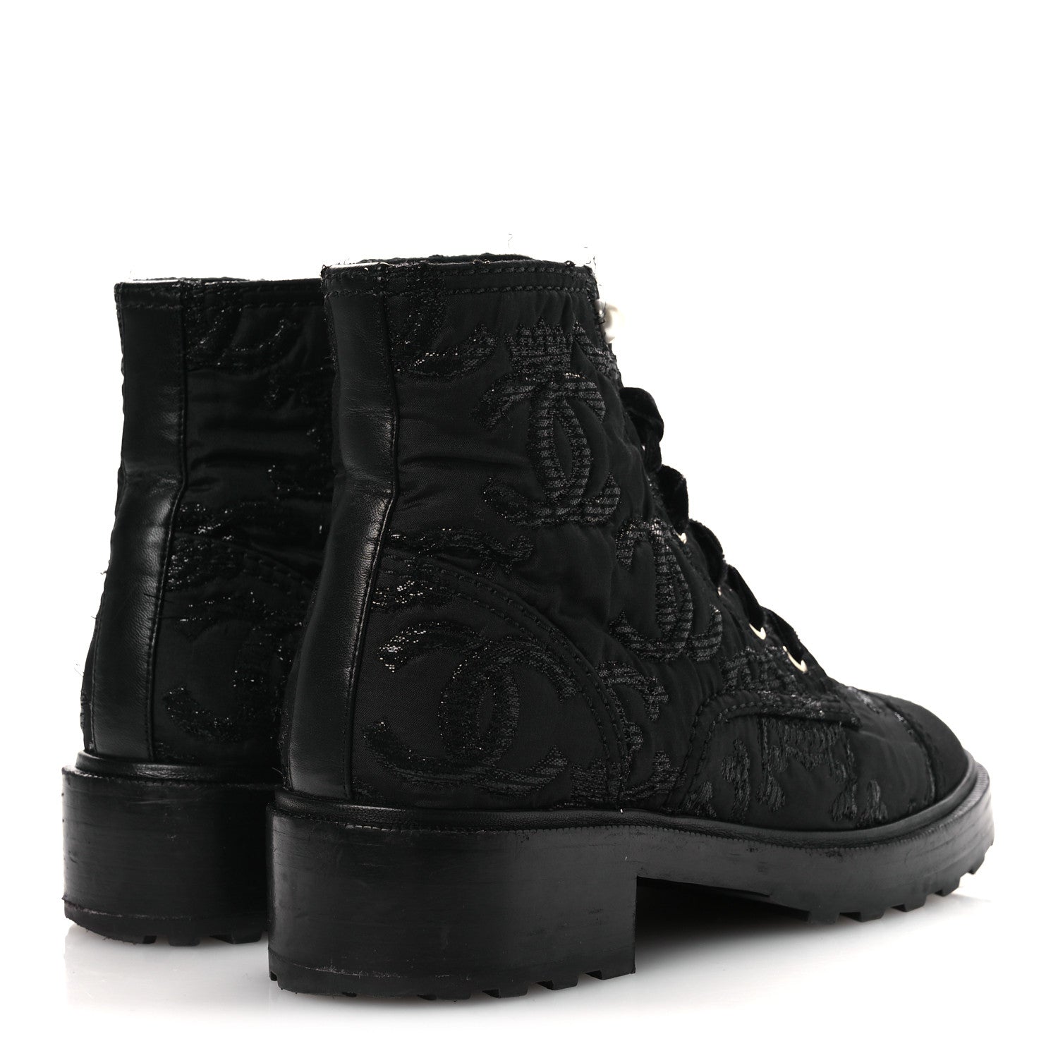 Chanel Grosgrain Tweed Pearl CC Combat Short Boots 39 Black