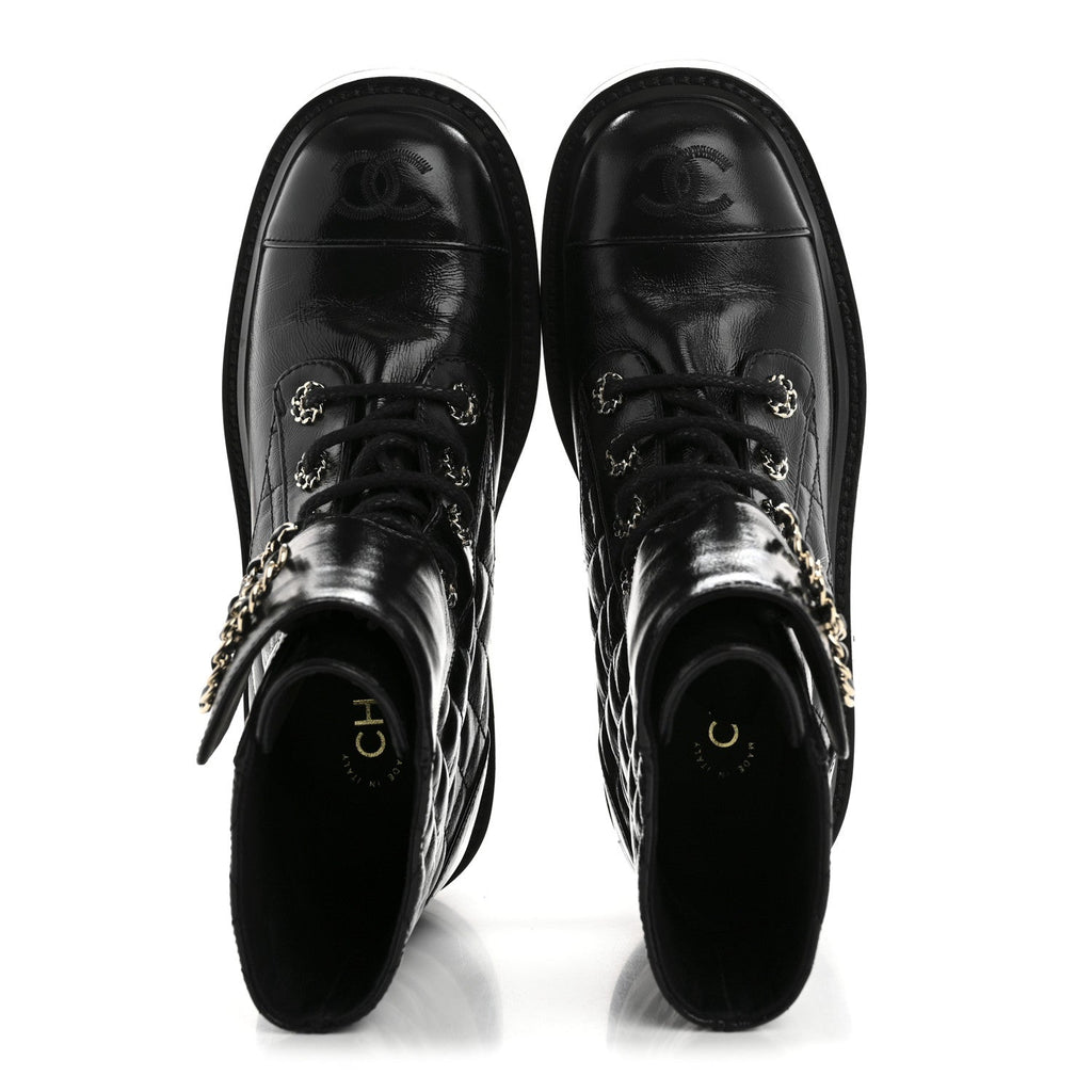 Chanel Shiny Lambskin Quilted Lace Up Combat Boots 37 Black