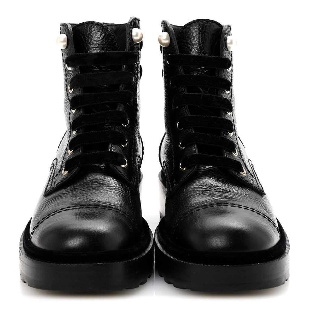 Chanel Shiny Calfskin Velvet Pearl Combat Short Boots 37 Black