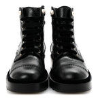 Chanel Shiny Calfskin Velvet Pearl Combat Short Boots 37 Black