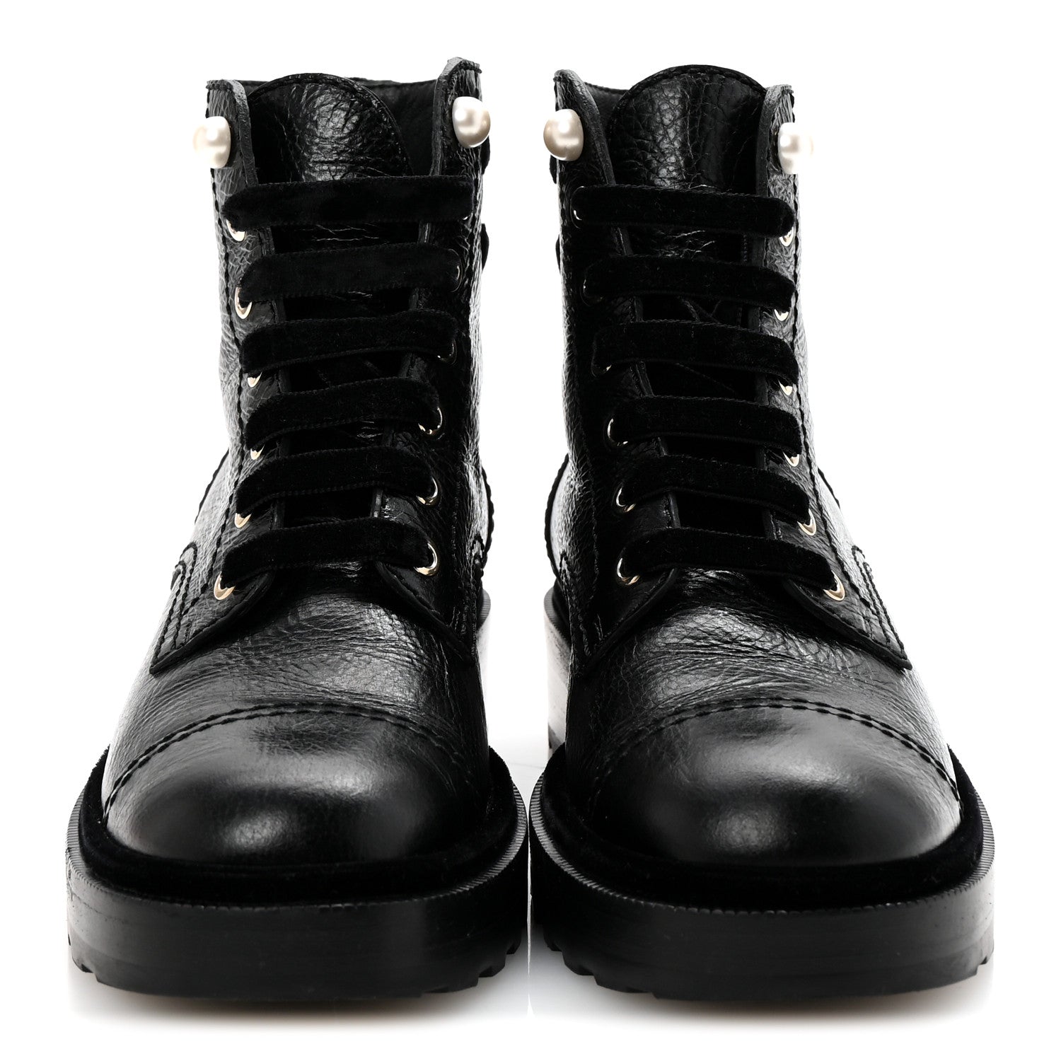 Chanel Shiny Calfskin Velvet Pearl Combat Short Boots 37 Black