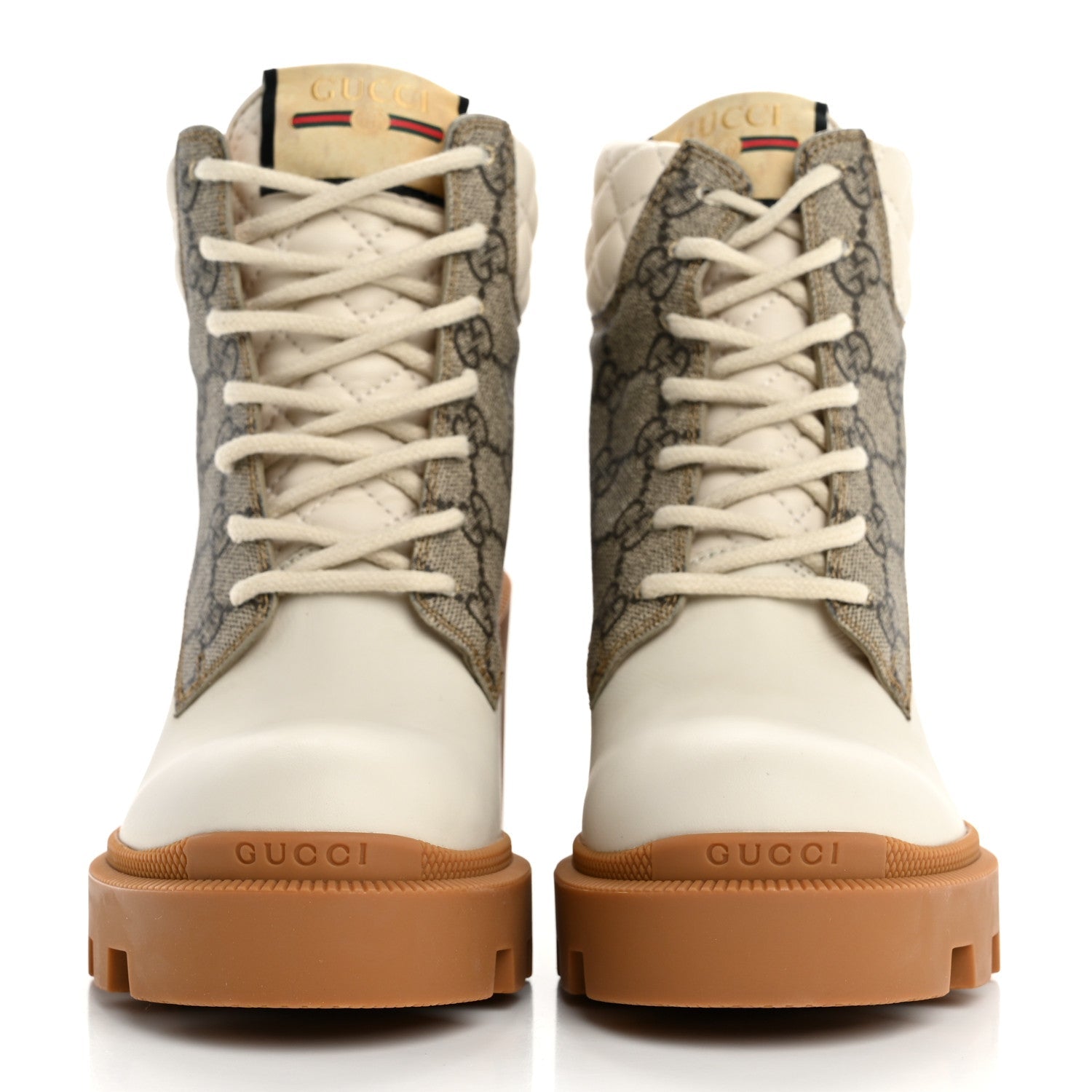 Gucci Calfskin GG Supreme Monogram Nappa Quilted Lace Up Ankle Boots 35 Mystic White Beige