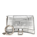Balenciaga Metallic Calfskin Crocodile Embossed Hourglass Chain Cardholder Silver