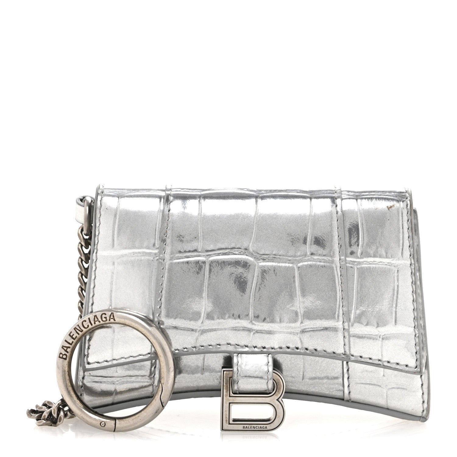 Balenciaga Metallic Calfskin Crocodile Embossed Hourglass Chain Cardholder Silver