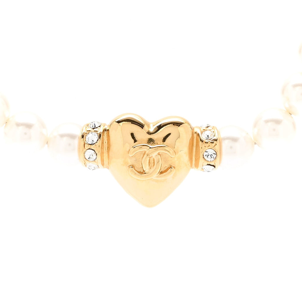Chanel Crystal Pearl CC Heart Choker Necklace Gold