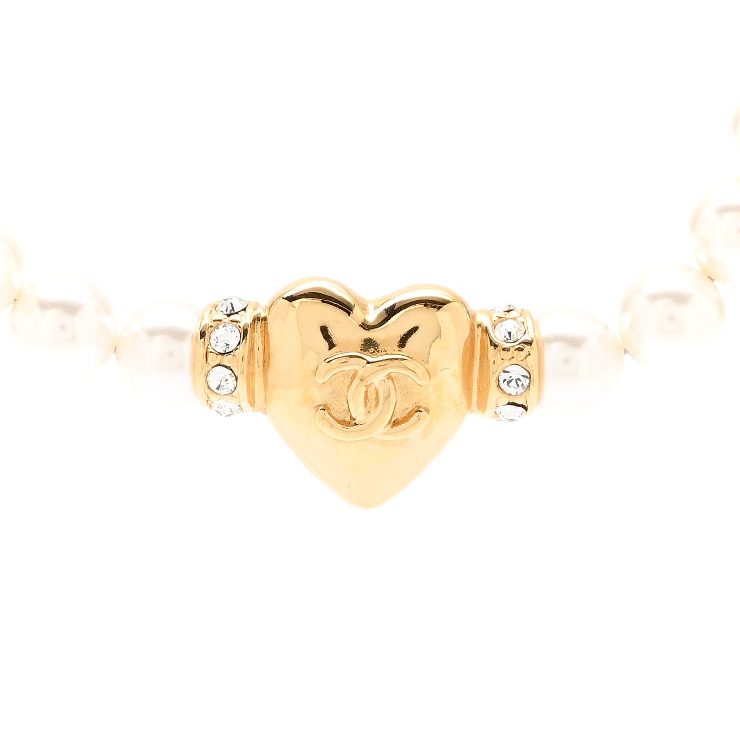 Chanel Crystal Pearl CC Heart Choker Necklace Gold