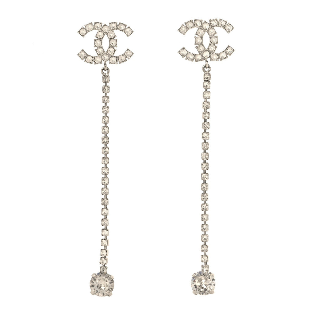 Chanel Metal Baguette Round Crystal CC Drop Long Earrings Silver