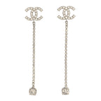 Chanel Metal Baguette Round Crystal CC Drop Long Earrings Silver