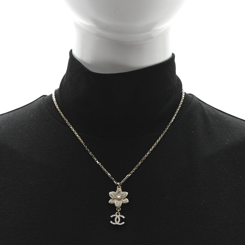 Chanel Crystal CC Flower Drop Necklace White
