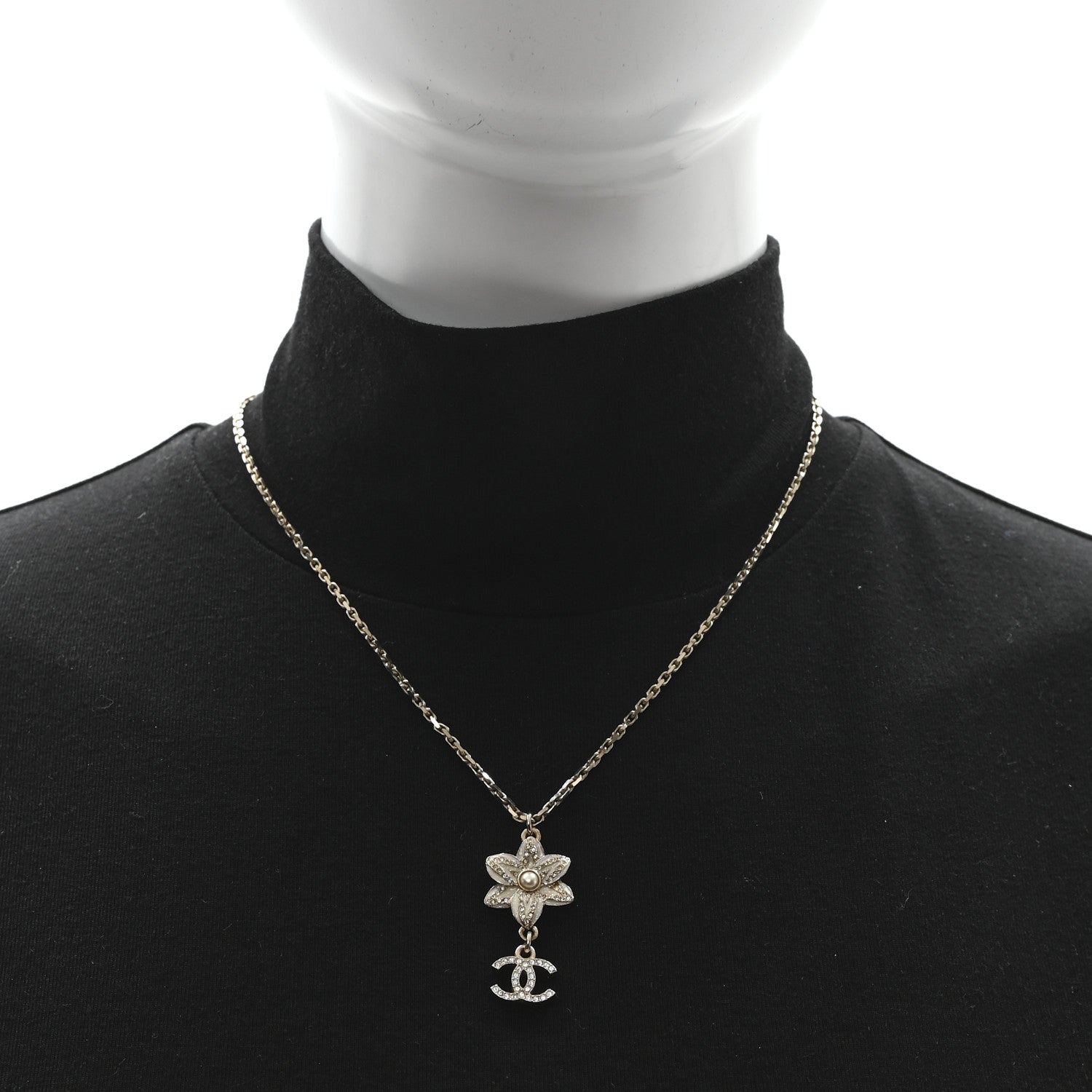 Chanel Crystal CC Flower Drop Necklace White