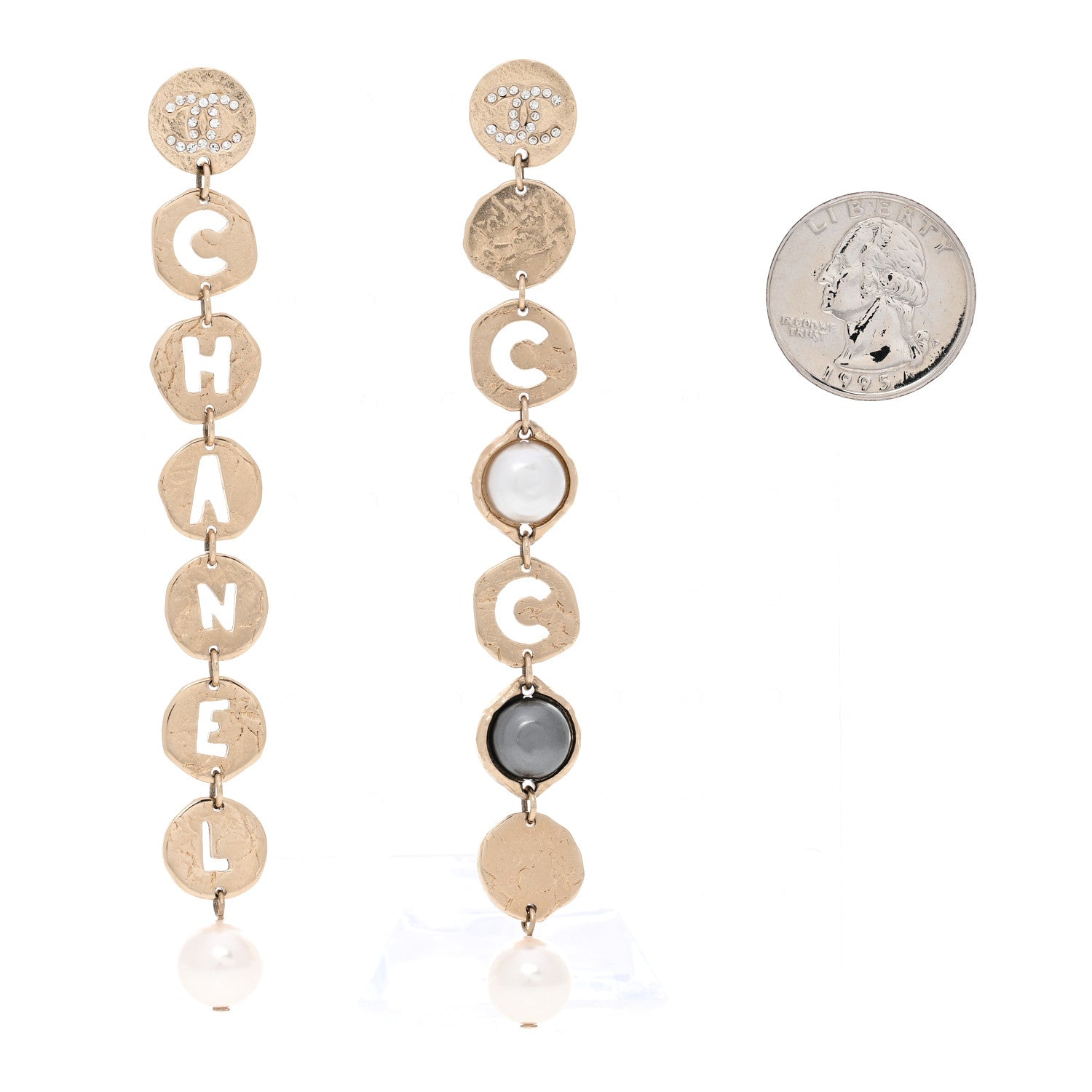 Chanel Pearl Crystal Papyrus Drop Strand Earrings Gold Grey