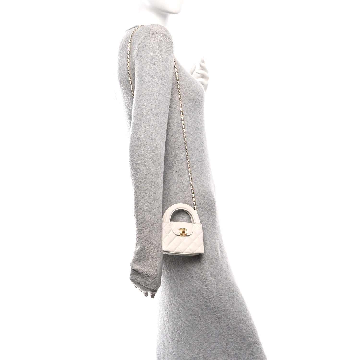 Chanel Shiny Aged Calfskin Quilted Mini Nano Kelly Shopper White