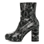Chanel Calfskin Camellia Printed Ankle Boots 38.5 Black White