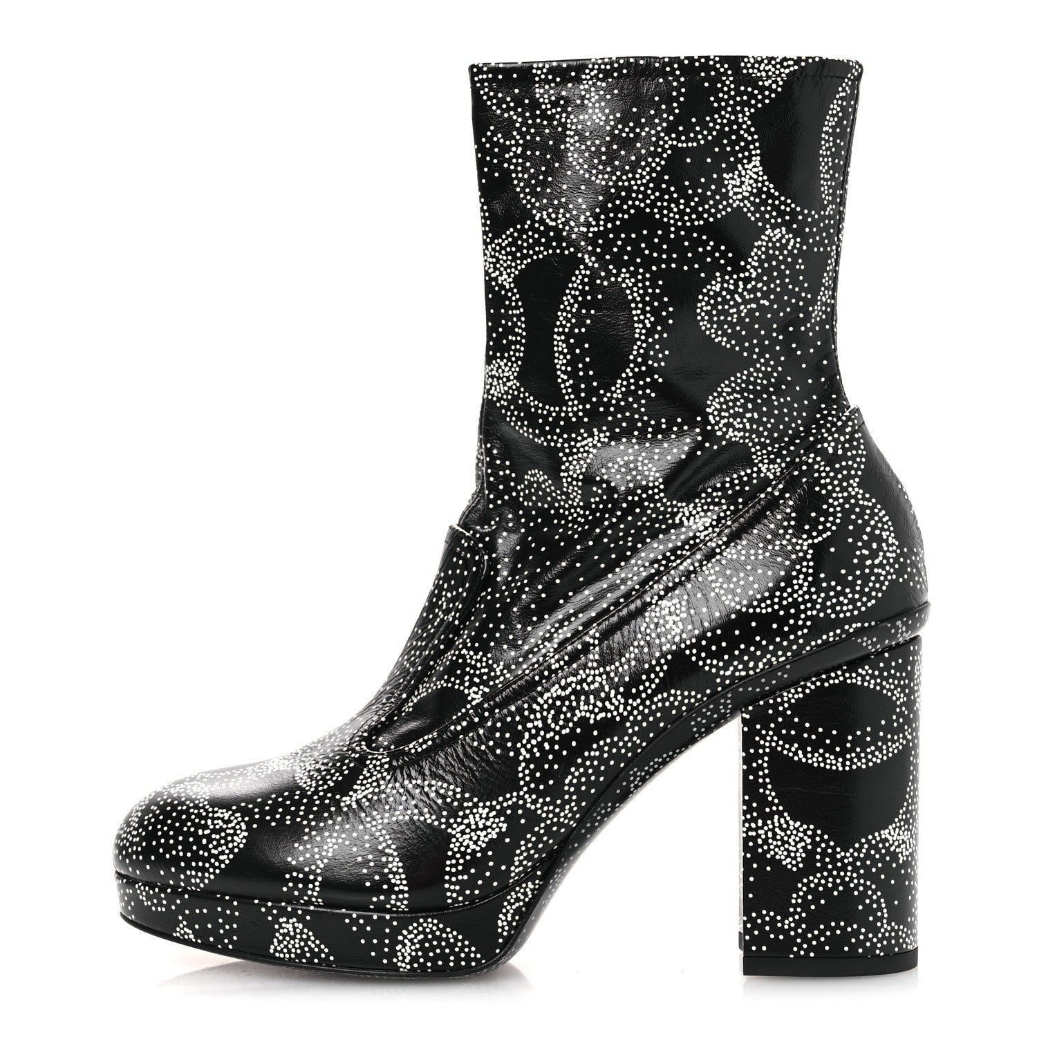 Chanel Calfskin Camellia Printed Ankle Boots 38.5 Black White