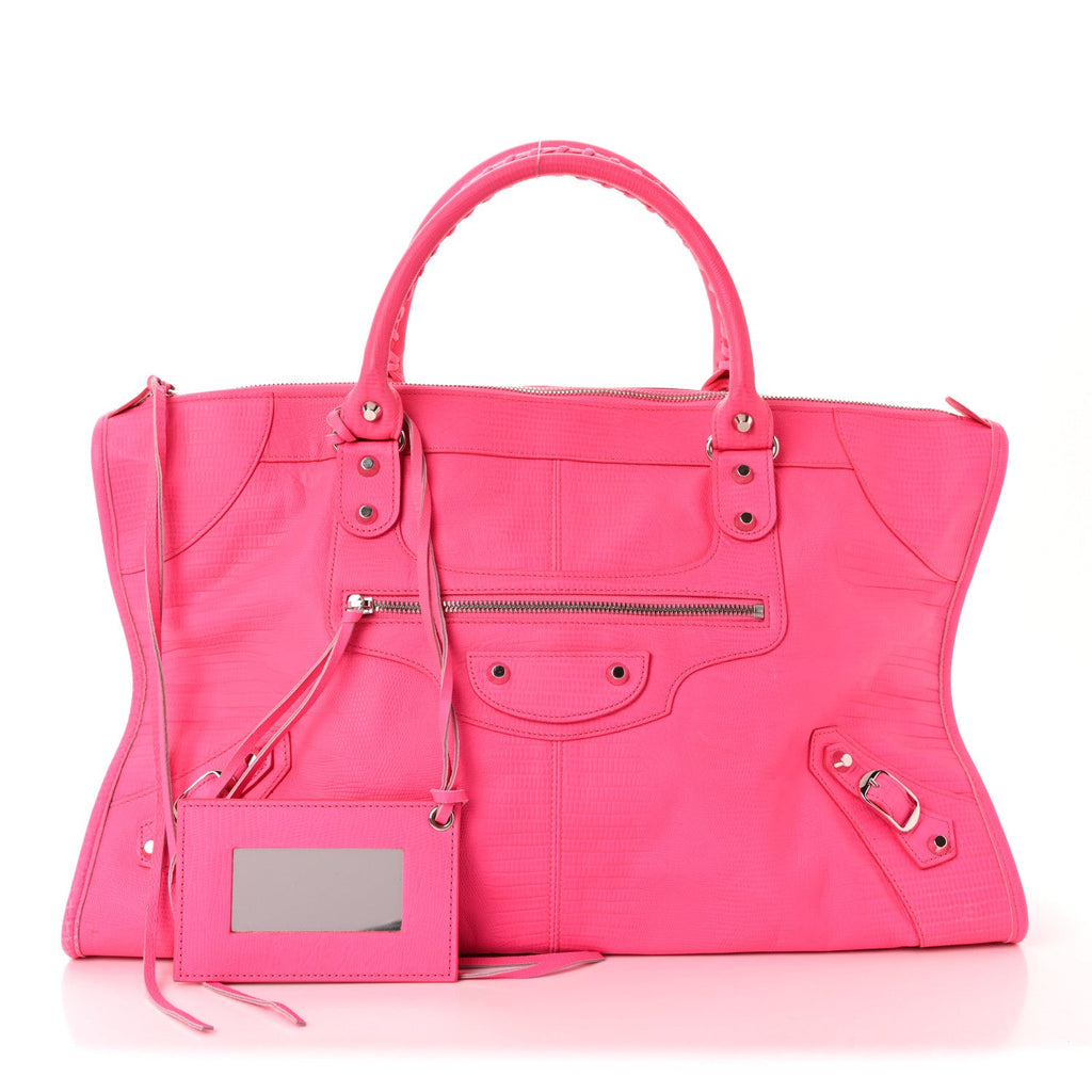 Balenciaga Calfskin Lizard Embossed Silver Hardware Work Rose Fluo