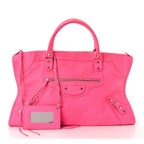 Balenciaga Calfskin Lizard Embossed Silver Hardware Work Rose Fluo