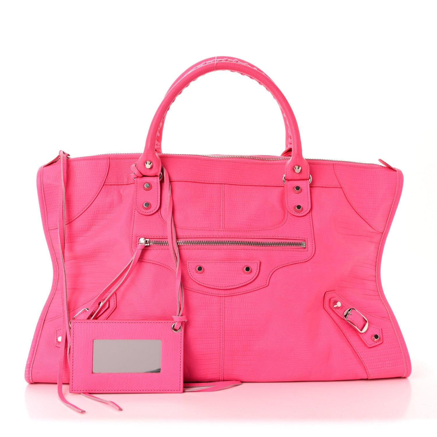 Balenciaga Calfskin Lizard Embossed Silver Hardware Work Rose Fluo