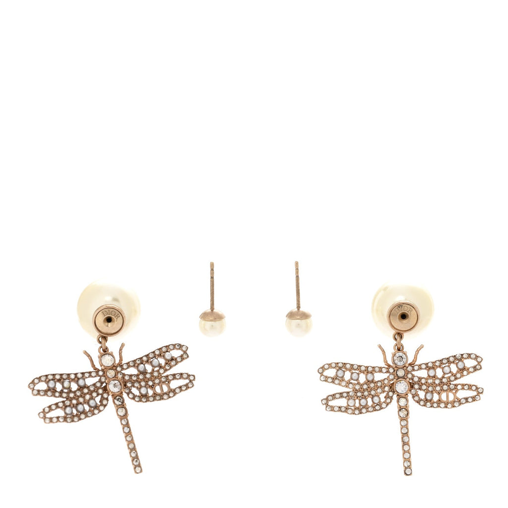 Christian Dior Crystal Pearl Dragonfly Drop Earrings White