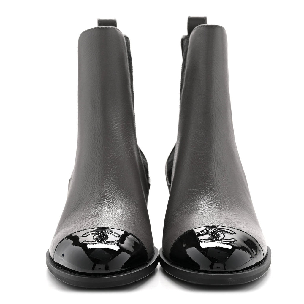Chanel Calfskin Patent Cap Toe CC Short Boots 39 Grey Black