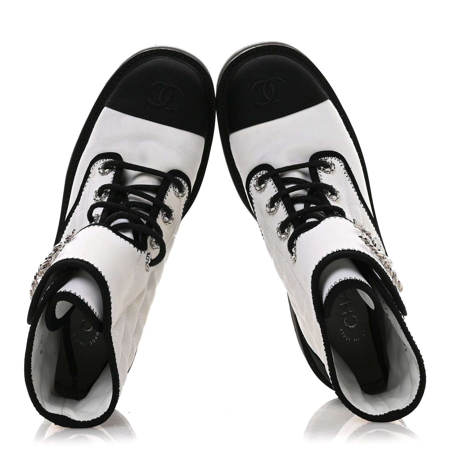 Chanel Fabric Grosgrain Quilted Cap Toe Lace Up Combat Boots 38.5 White Black