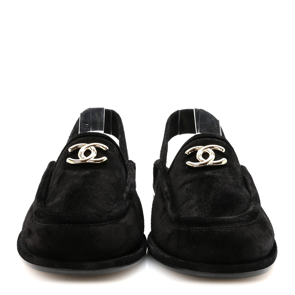 Chanel Suede Calfskin CC Slingback Loafers 39 Black