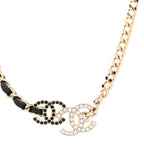 Chanel Metal Calfskin Crystal Double CC Short Necklace Black Gold