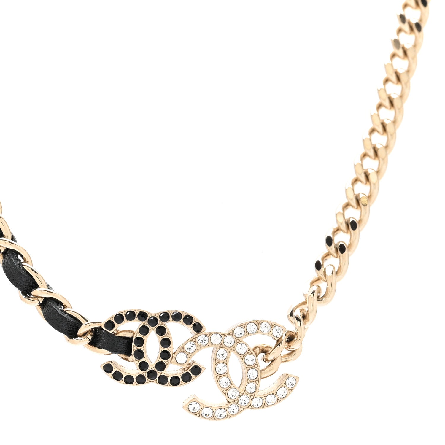 Chanel Metal Calfskin Crystal Double CC Short Necklace Black Gold