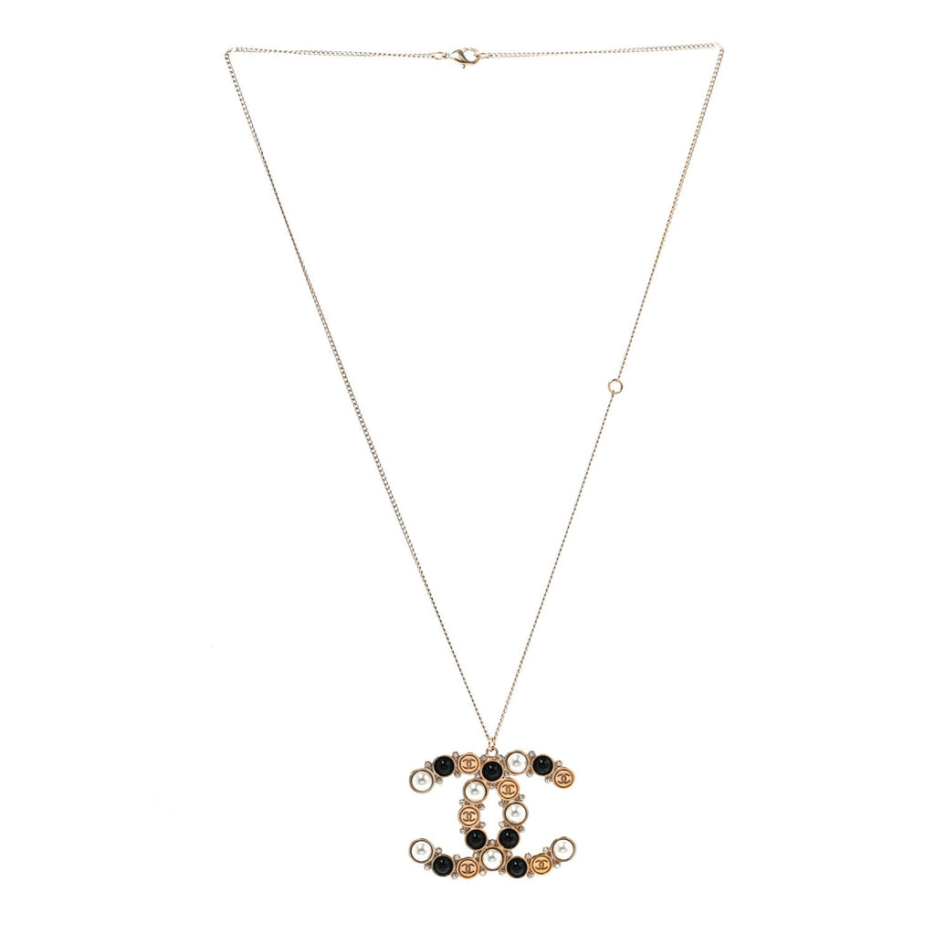 Chanel Crystal Pearl CC Chain Necklace Gold Black