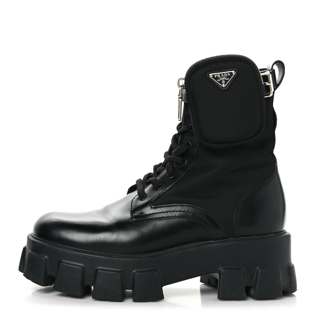 Prada Spazzolato Rois Nylon Metal Triangle Logo Monolith Pouch Pocket 55mm Boots 39 Black