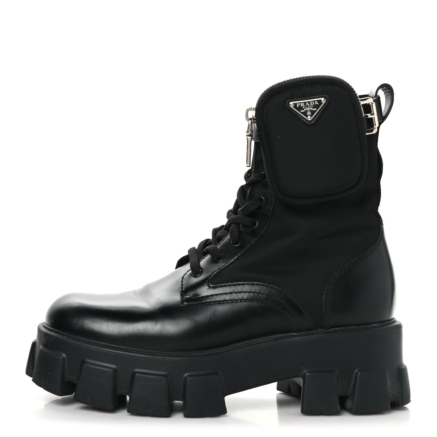 Prada Spazzolato Rois Nylon Metal Triangle Logo Monolith Pouch Pocket 55mm Boots 39 Black