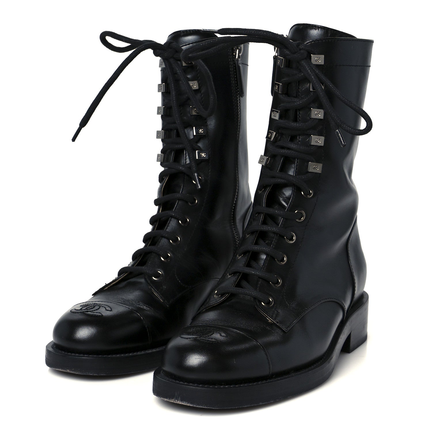 Chanel Calfskin Lace Up Combat Boots 38 Black