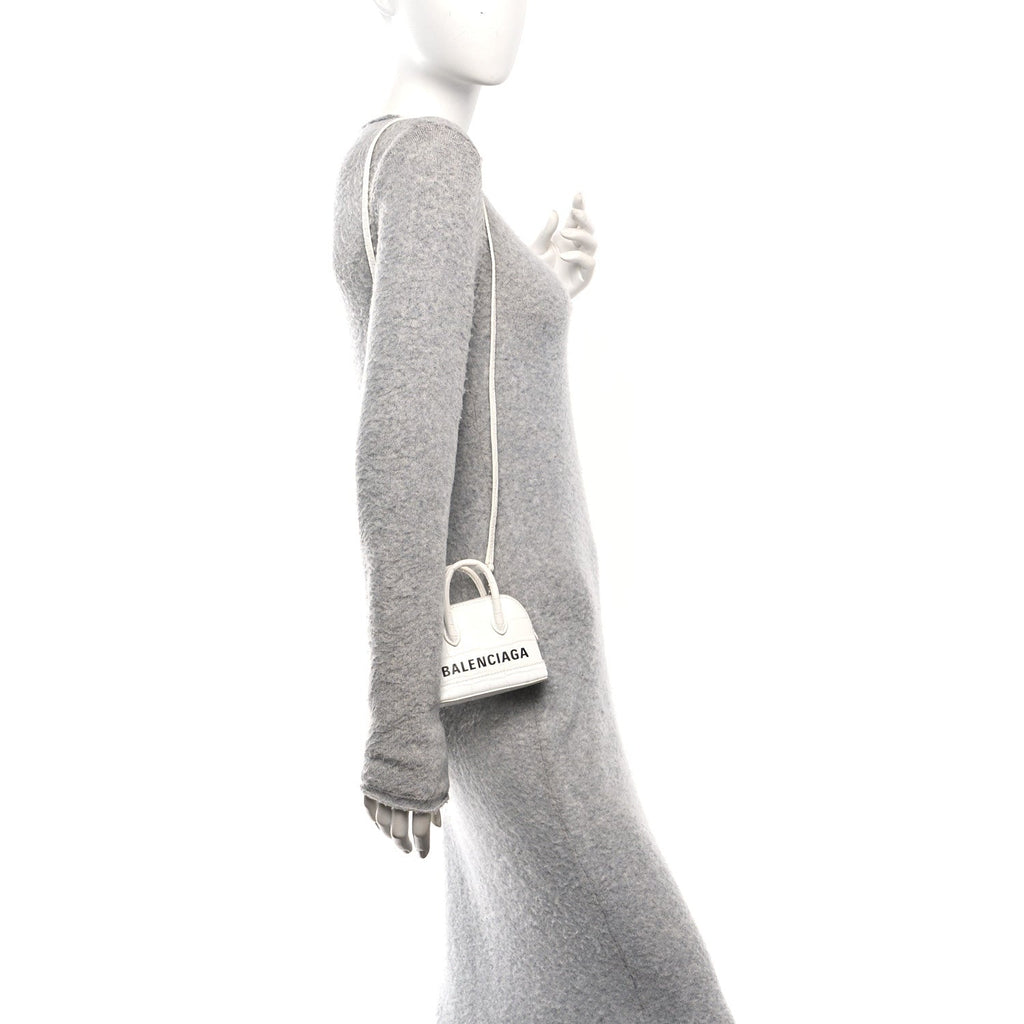 Balenciaga Calfskin Logo Crocodile Embossed Mini Ville Top Handle Bag White Black